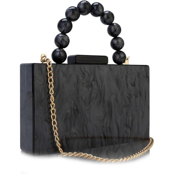 Women's Black Acrylic Marbling Clasp Closure Formal Wedding Cross Body Clutch